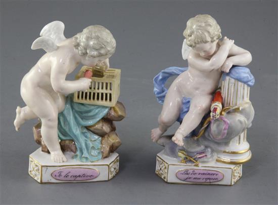 A pair of Meissen figures of Cupids, 19th century, height 11.8cm and 12.5cm